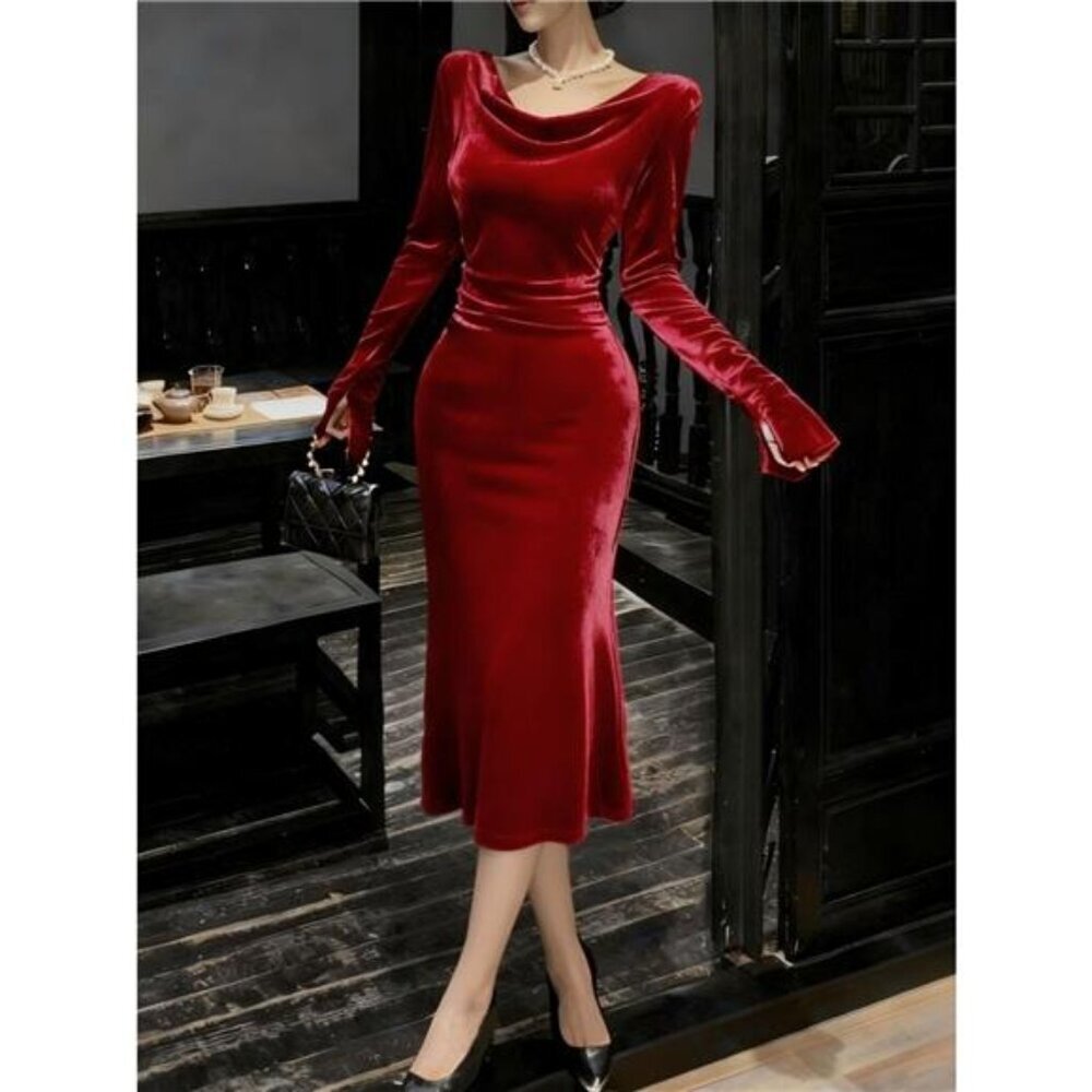 Velvet Cowl Neck Long Sleeve Midi Dress